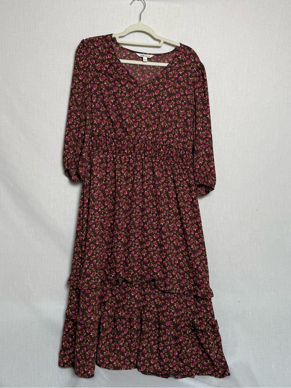 The Pioneer Woman Dress Womens L Brown Floral Midi Prairie Boho Long Sleeve